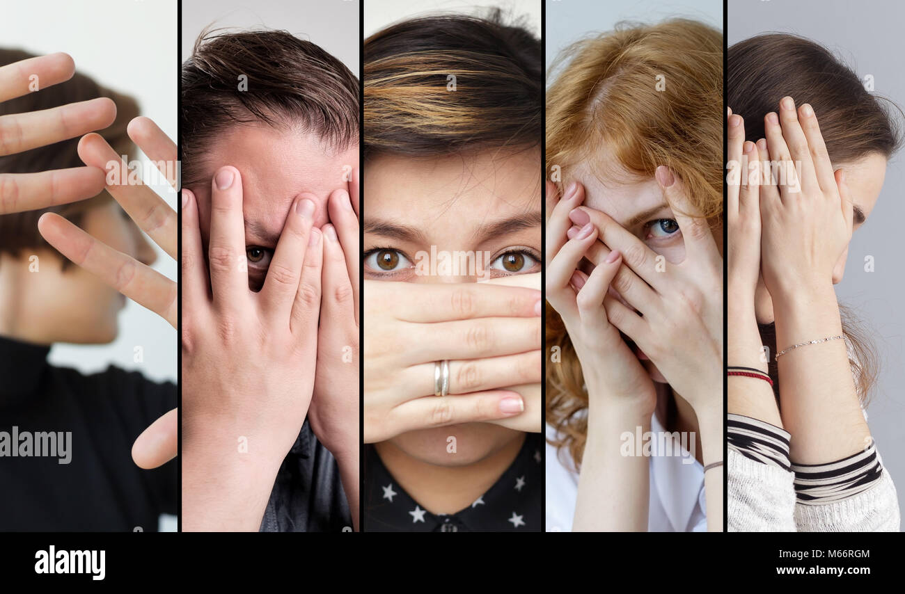 Ensemble de personnes qui se cachent leur visage avec les doigts. D'avoir peur de quelque chose Banque D'Images