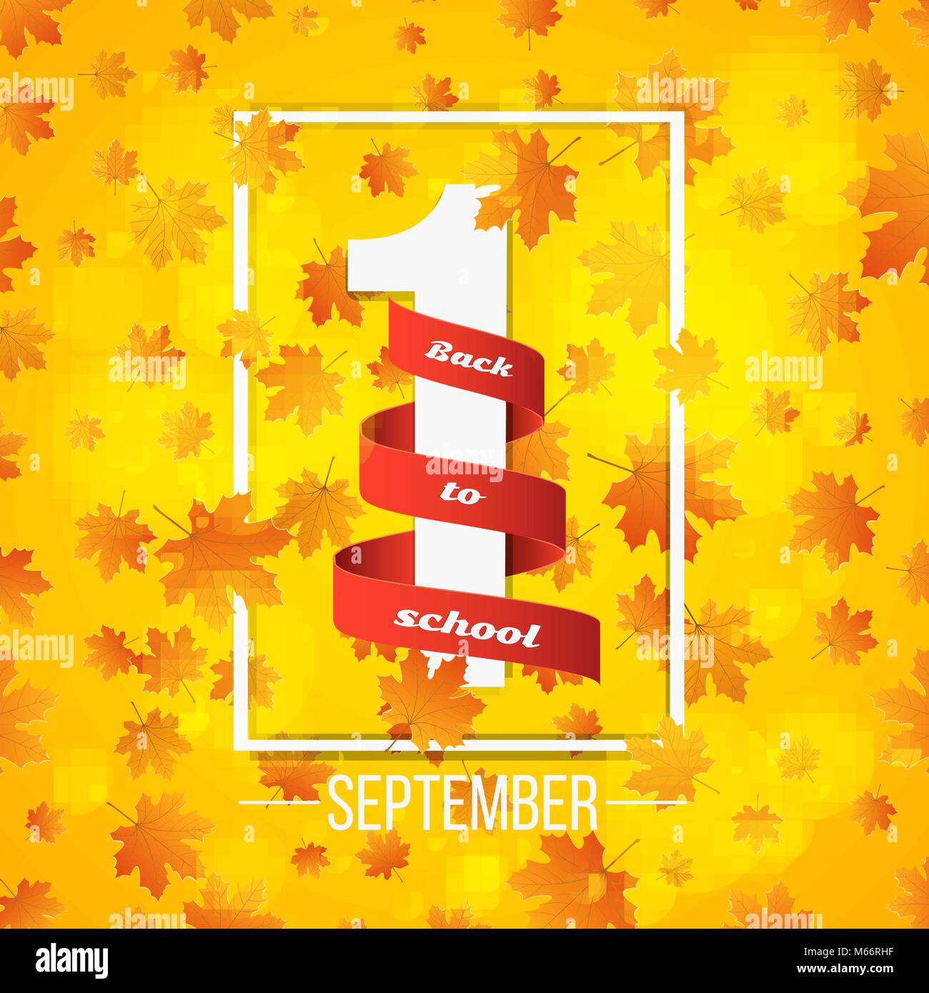 Le 1er septembre. Journée du savoir. Ruban rouge avec blanc numéro 1. Automne fond pour poster. Feuilles d'érable orange. Résumé Les voyants jaunes bokeh. B Illustration de Vecteur