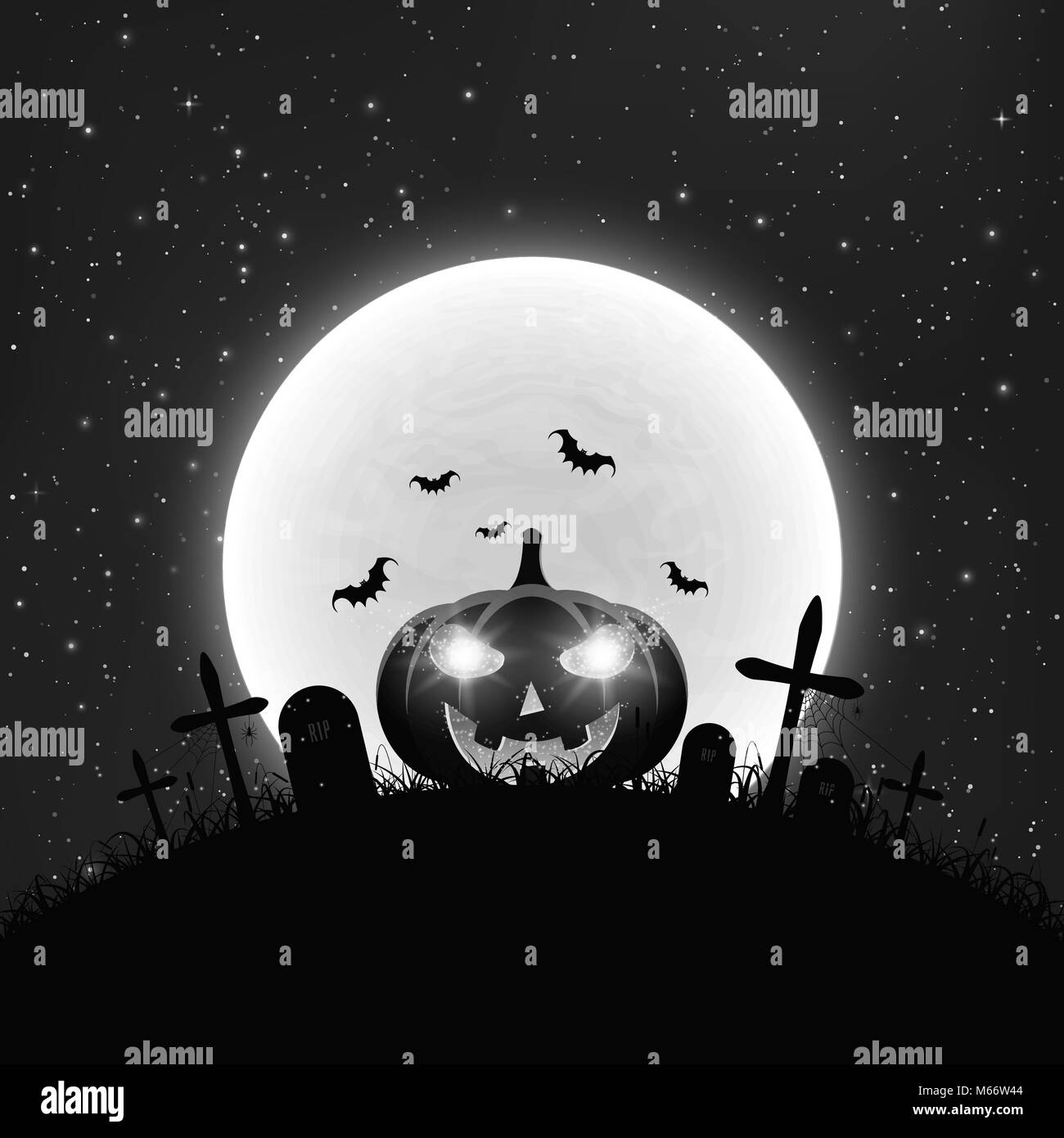 Fond noir et blanc pour l'Halloween en style rétro. Cartoon citrouille dans le cimetière. Pleine lune et ciel étoilé réaliste. Concept Creepy. Je vecteur Illustration de Vecteur