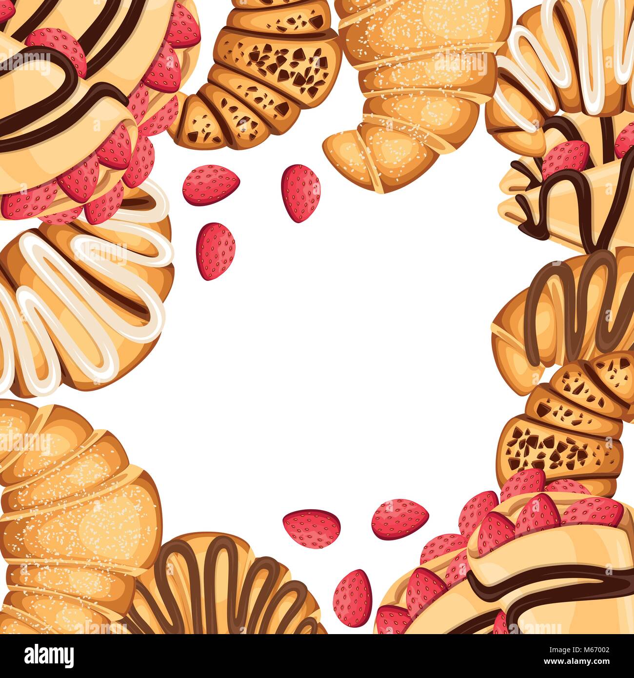 Schéma des croissants et des crêpes au chocolat et crème garnitures différentes sur sésame haut strawberry vector illustration isolé sur fond blanc Illustration de Vecteur