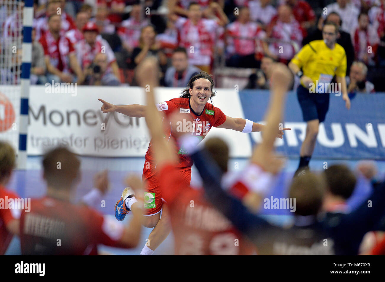 Cracovie, Pologne - 27 janvier 2016 : Men's EHF Handball européen Russie EURO 2016 Cracovie Tauron Arena France Norvège o/p : Robin Kend Tonnesen Banque D'Images