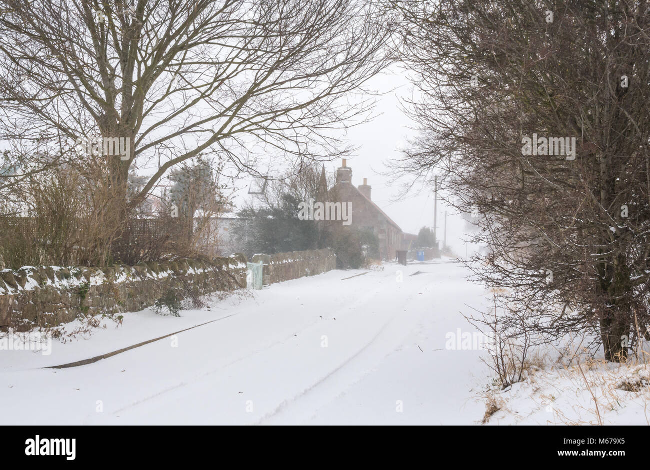East Lothian, Ecosse, Royaume-Uni, 1er mars 2018. Météo France : Sur le premier jour du printemps, la neige portée par le climat arctique introduit par la "bête de l'Est'. Un chemin de campagne dans la neige profonde Banque D'Images