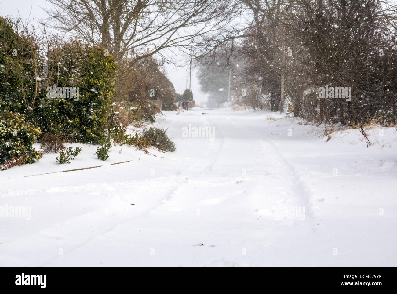 East Lothian, Ecosse, Royaume-Uni, 1er mars 2018. Météo France : Sur le premier jour du printemps, la neige portée par le climat arctique introduit par la "bête de l'Est'. Un chemin de campagne dans la neige profonde, avec plus de la neige qui tombe Banque D'Images