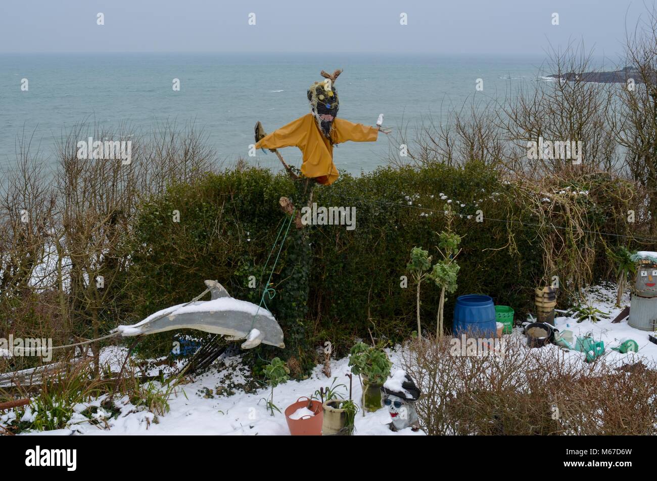 Cornish Riviera. 1er mars, 2108. Météo France : jardins en Mousehole, face à la mer. Credit : Lucy Piper/Alamy Live News Banque D'Images