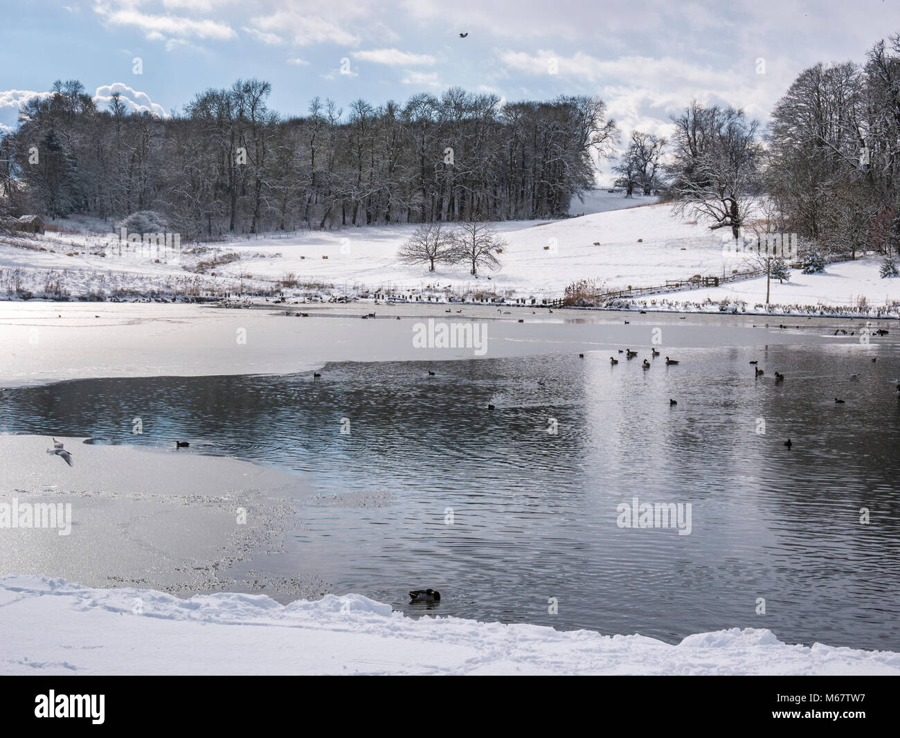 Des scènes d'hiver Leeds Castle, Kent, UK, comme 'la bête à partir de la tempête de neige de l'est hits le weald Banque D'Images