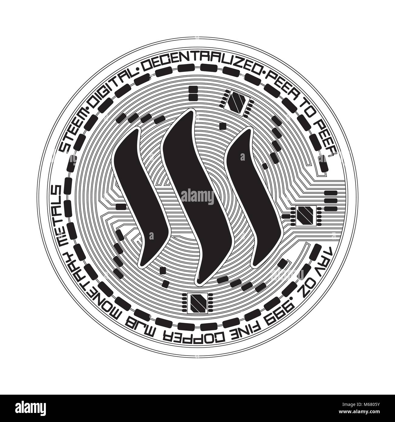 Monnaie Monnaie avec crypto noir noir steem symbole sur avers isolé sur fond blanc. Vector illustration. Utiliser pour les logos, les produits, une page d'impression Illustration de Vecteur