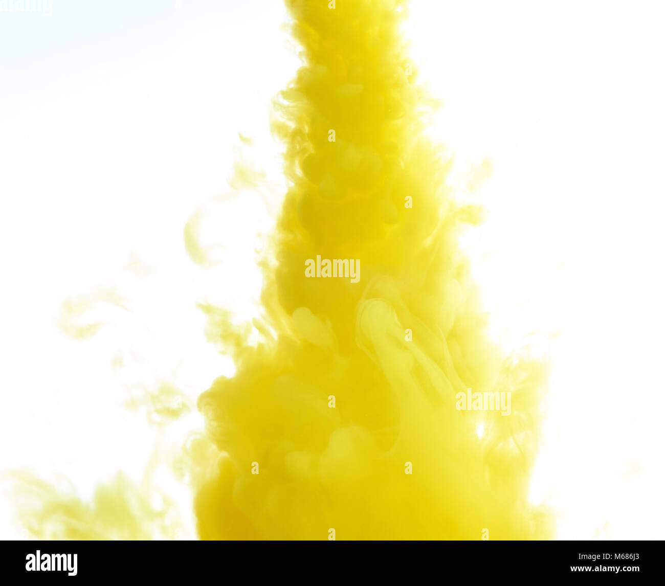 L'eau tourbillonner d'encre jaune isolé sur fond blanc. Arrière-plan de la peinture abstraite Banque D'Images