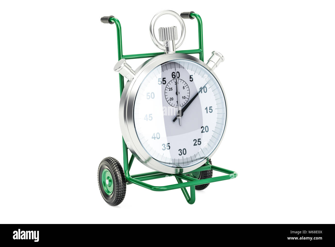 Livraison rapide concept. Camion de main avec chronomètre, rendu 3D isolé sur fond blanc Banque D'Images