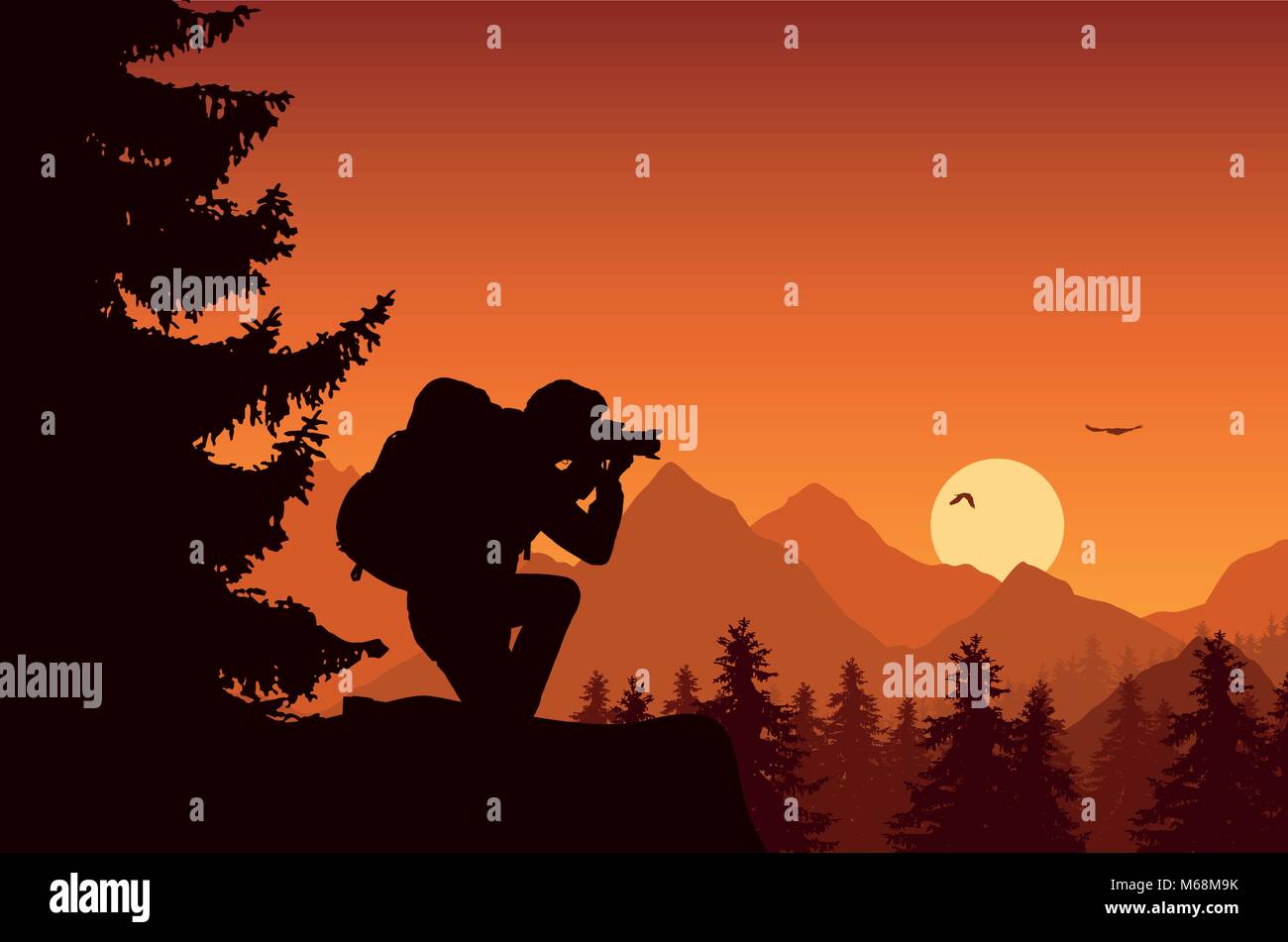 Paysage de montagne avec des forêts et de photographier les oiseaux en plein vol sur un ciel orange avec soleil levant Illustration de Vecteur