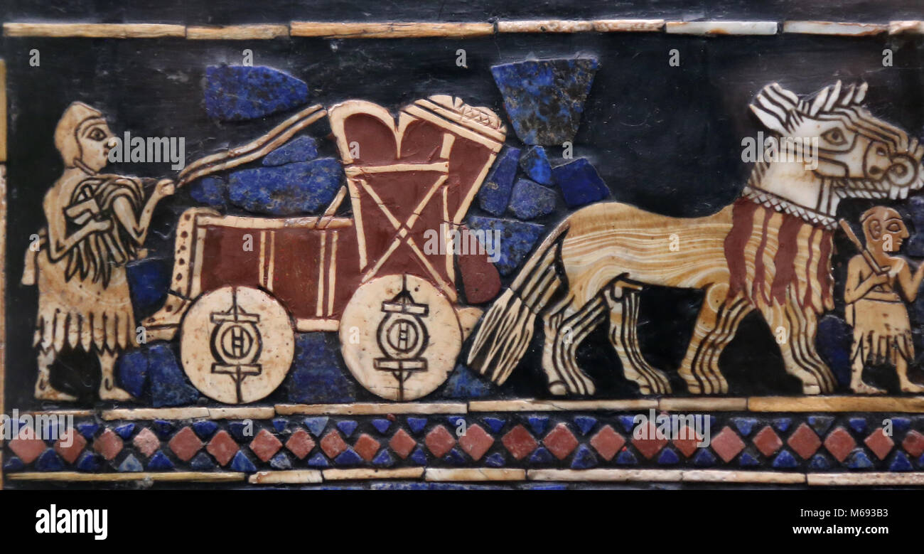 Norme d'Ur. Mosaïque de coquille, calcaire rouge et lapis-lazuli. Cimetière Royal, de l'Iraq. 2600 BC. British Museum. Banque D'Images