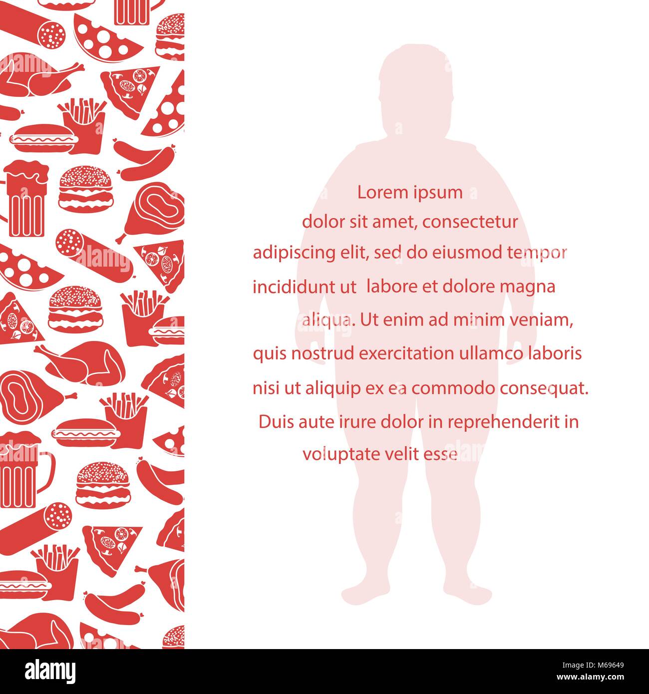 Fat Man avec mode de vie malsain des symboles. Les habitudes alimentaires néfastes. Bannière pour la conception et l'impression. Illustration de Vecteur