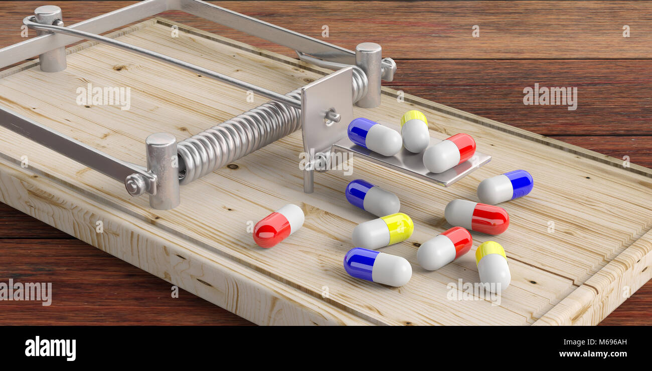 Piège de la dépendance de la médecine. Pilules colorées et un piège à souris sur plancher en bois. 3d illustration Banque D'Images