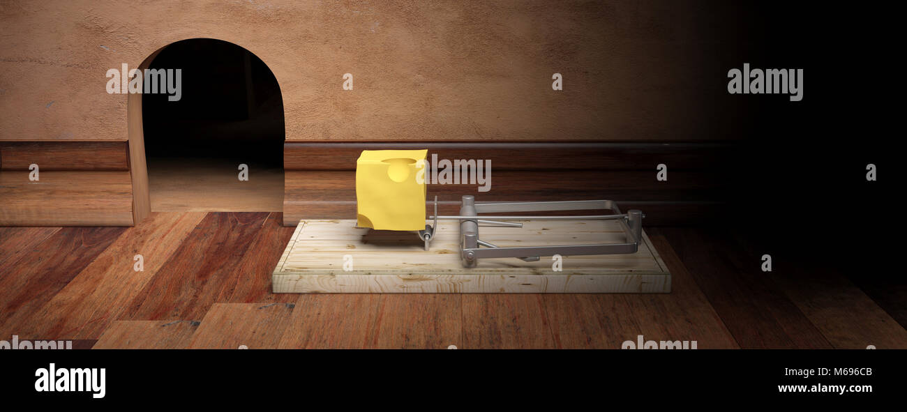Piège à Souris en bois avec trou de souris, fromage d'appâts et de sol en bois historique, la bannière. 3d illustration Banque D'Images