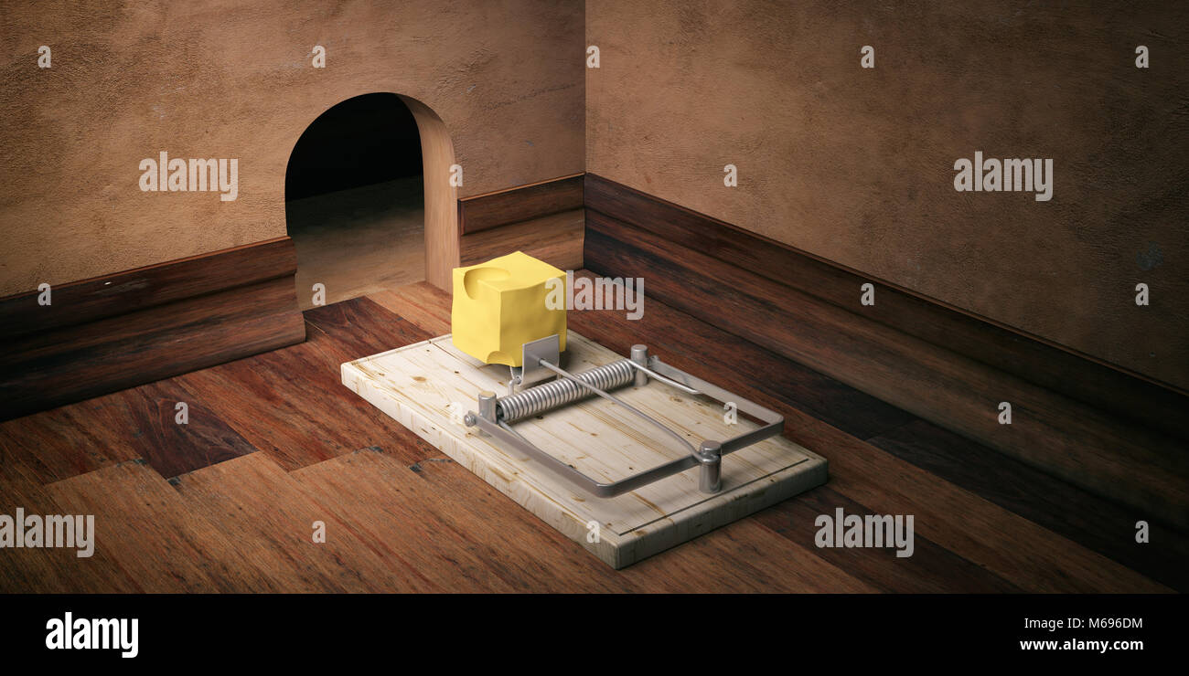 Piège à Souris en bois avec trou de souris, fromage d'appâts et de parquet. 3d illustration Banque D'Images