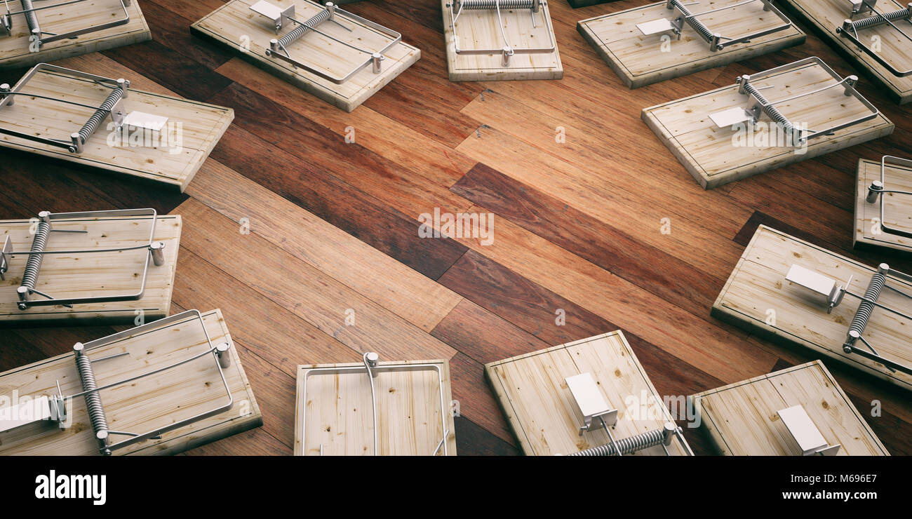 Pièges à souris vide sur le plancher en bois, de l'espace pour le texte. 3d illustration Banque D'Images