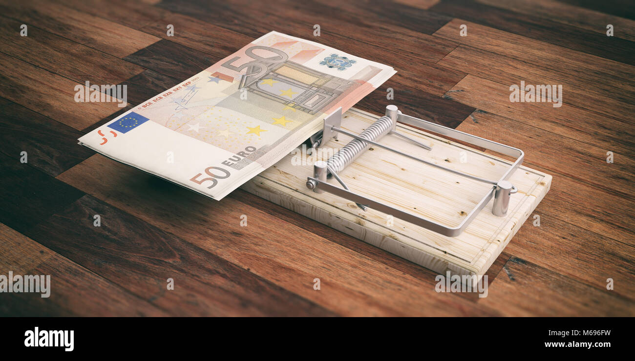 Billets de cinquante euros sur un piège à souris isolé sur fond de bois. 3d illustration Banque D'Images