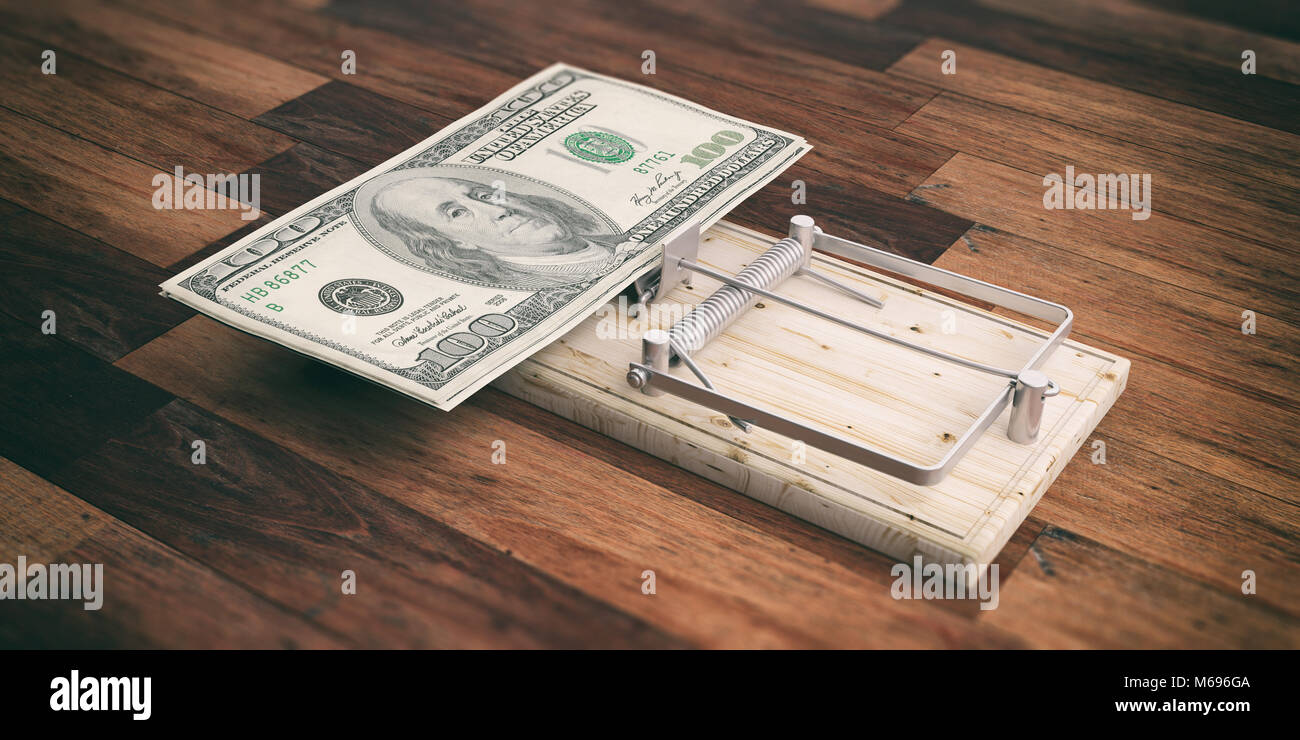 Billets en dollars américains sur un piège à souris isolé sur fond blanc. 3d illustration Banque D'Images