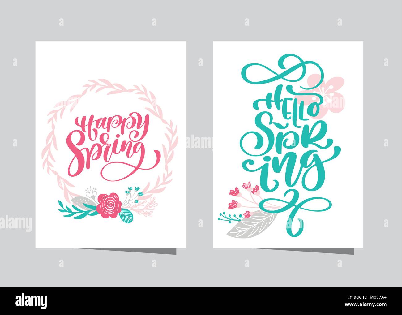 Lettrage dessiné à la main joyeux printemps et bonjour au printemps dans le cadre de couronne de fleurs, branches et feuilles. Vector illustration scandinaves. Concevoir pour les invitations de mariage, des cartes de souhaits Illustration de Vecteur