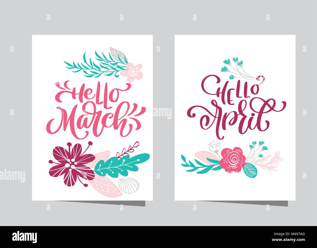 Lettrage dessiné à la main bonjour Mars et avril Bonjour à la section Cadre de couronne de fleurs, branches et feuilles. vector illustration scandinaves. Concevoir pour les invitations de mariage, des cartes de souhaits Illustration de Vecteur