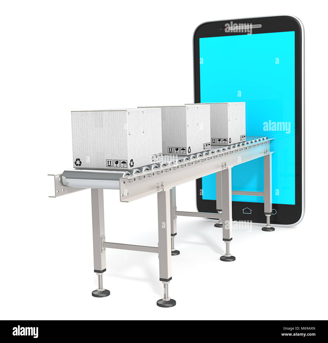 Convoyeur avec des boîtes en carton blanc connecté au smartphone. 3D Render. Écran bleu, blanc pour copier l'espace. Banque D'Images