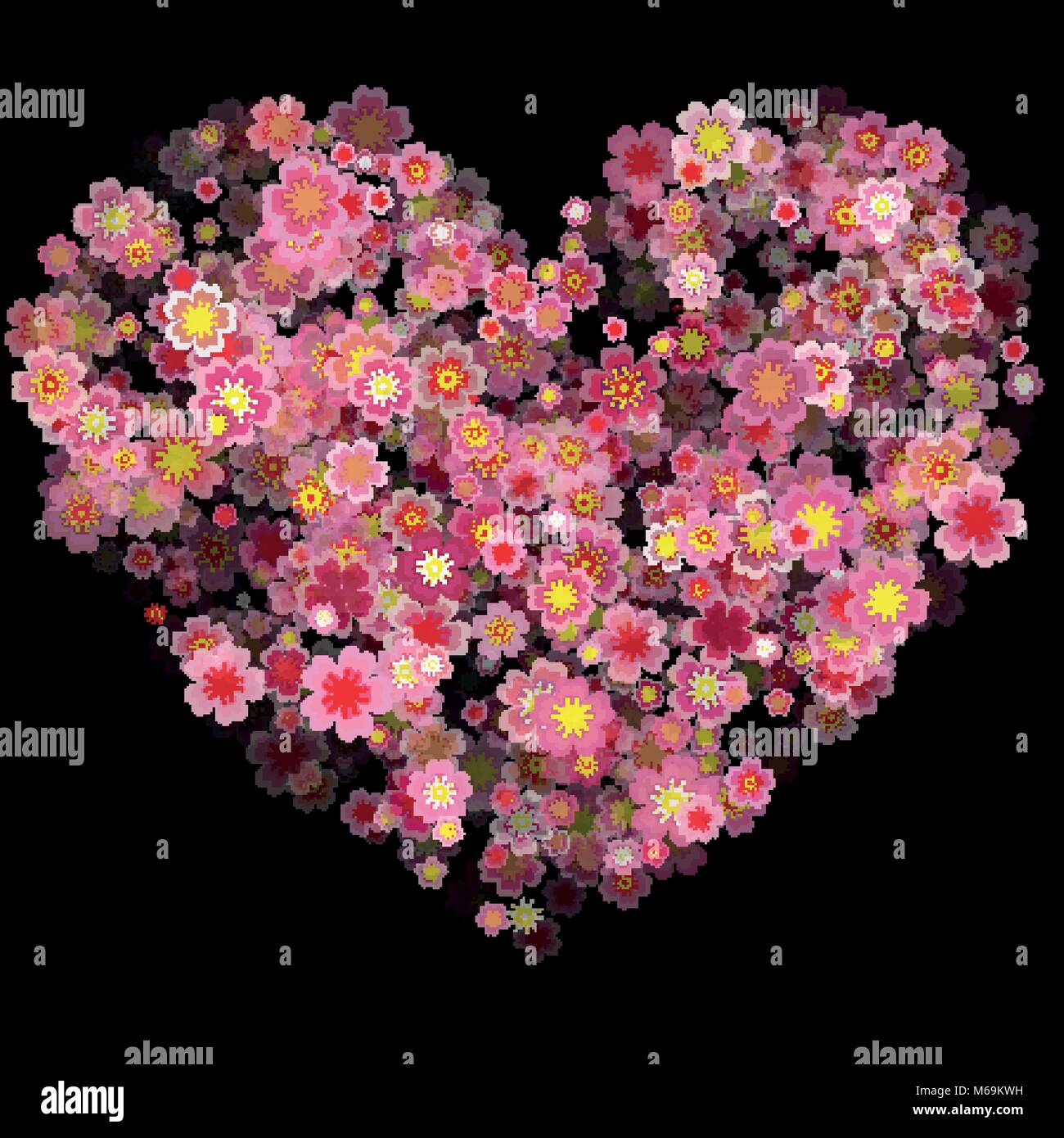 Saint Valentin Coeur en fleurs de cerisier isolé sur fond noir. Vector Illustration d'un Happy Valentines Day Design, cœur de fleurs Illustration de Vecteur