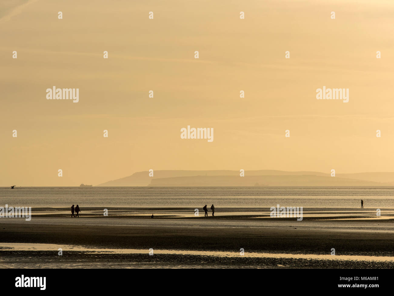 Les gens qui marchent sur la plage de West Wittering, West Sussex, à marée basse sur un bel après-midi d'hiver ensoleillé. Banque D'Images