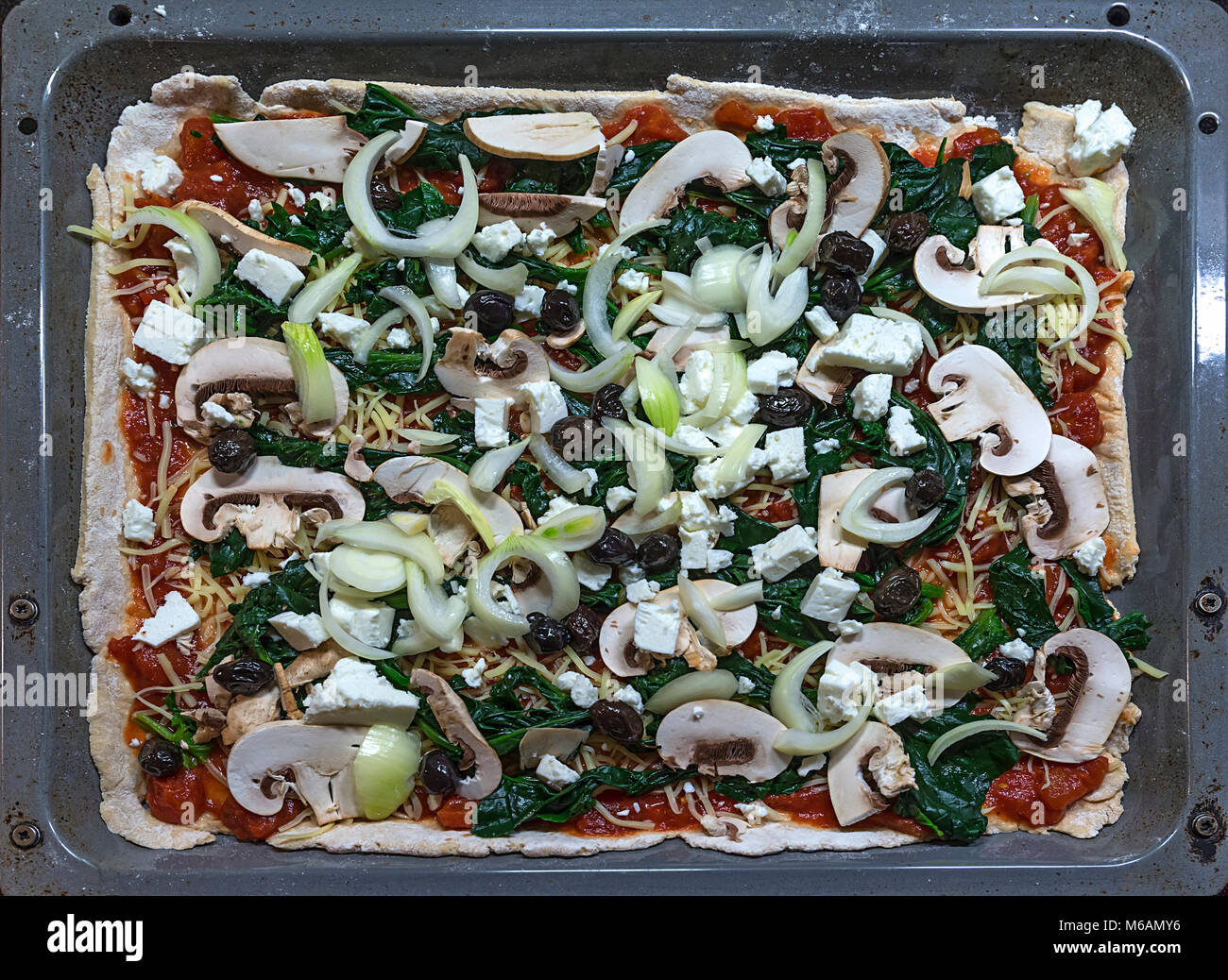 Pizza végétarienne sur une plaque de cuisson avant la cuisson, Allemagne Banque D'Images