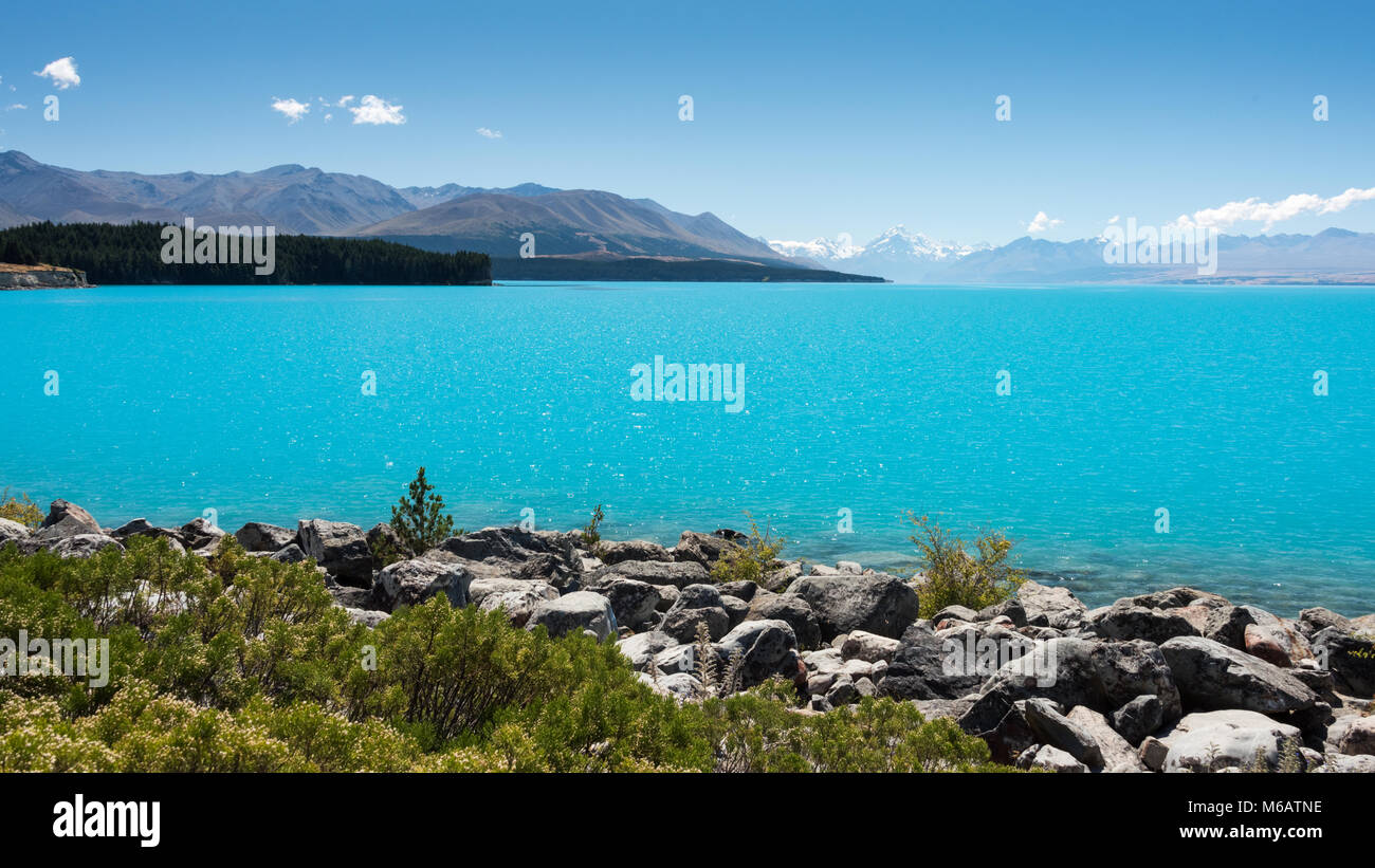 Le Lac Pukaki, région du Mont Cook, île du Sud, Nouvelle-Zélande Banque D'Images