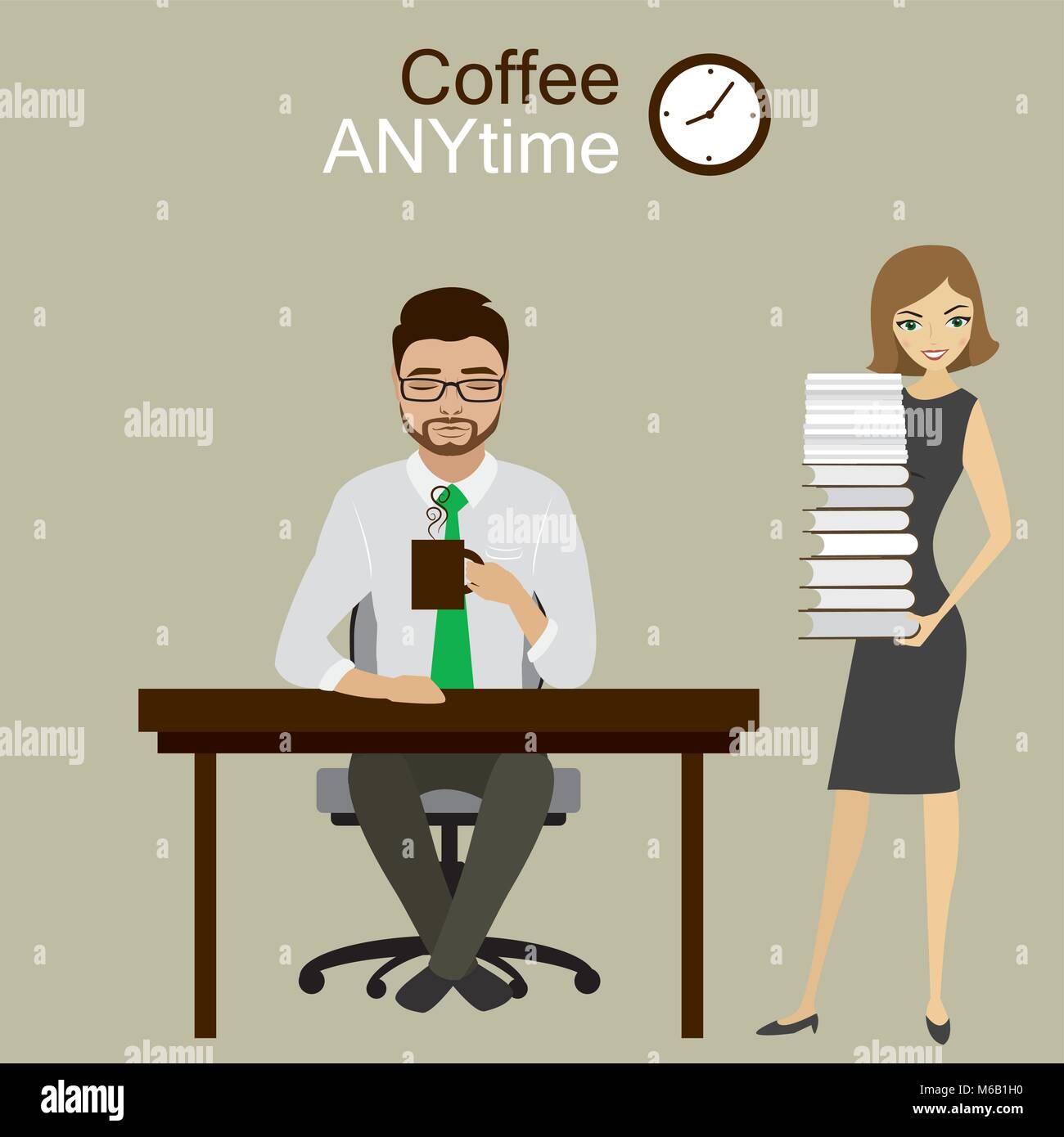 A manager ou secrétaire office worker beaucoup de travail du papier, du café tout moment, stock vector illustration Illustration de Vecteur