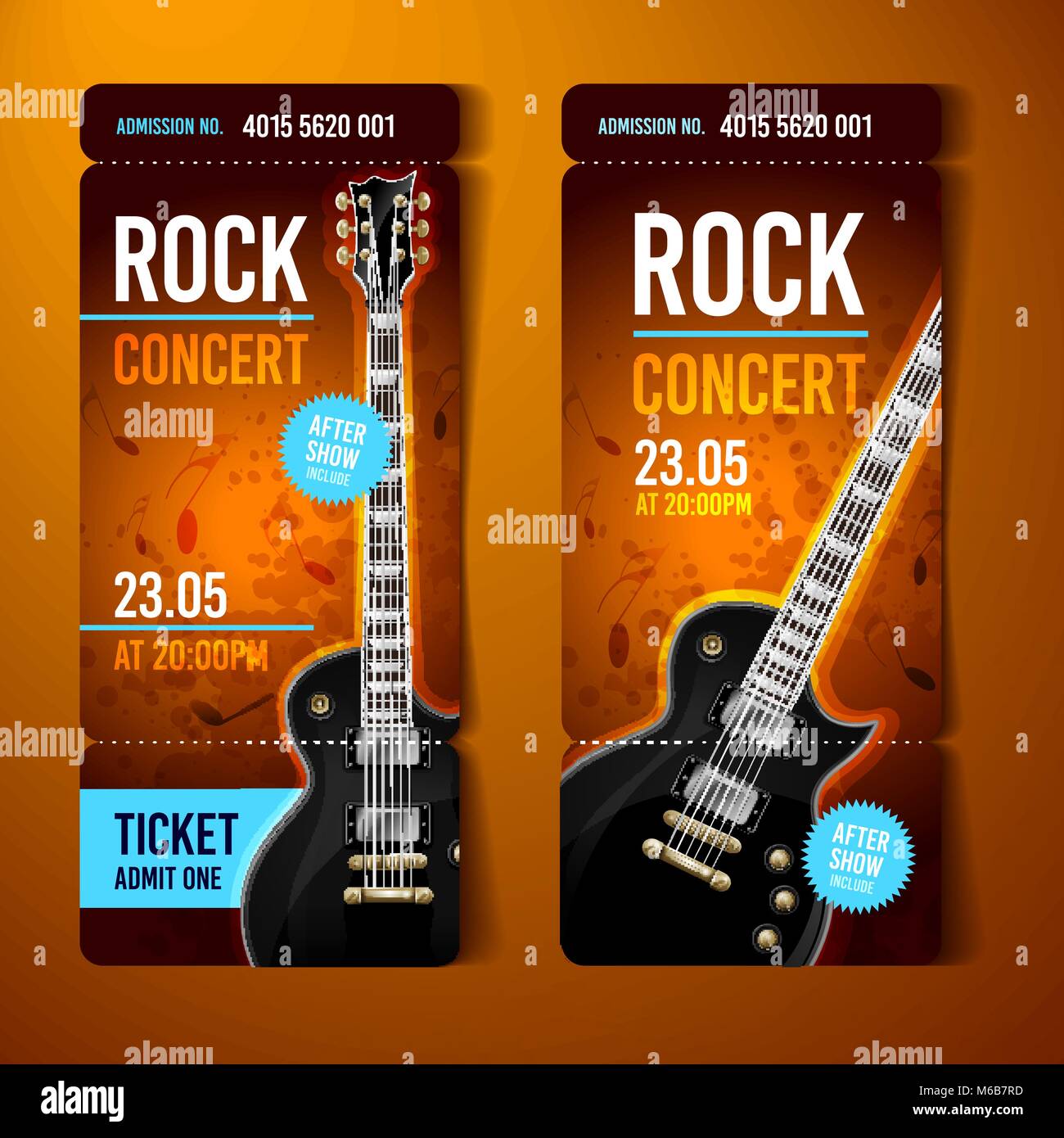 Vector illustration du billet de concert rock orange modèle design avec black guitare et effets cool splash dans l'arrière-plan Illustration de Vecteur