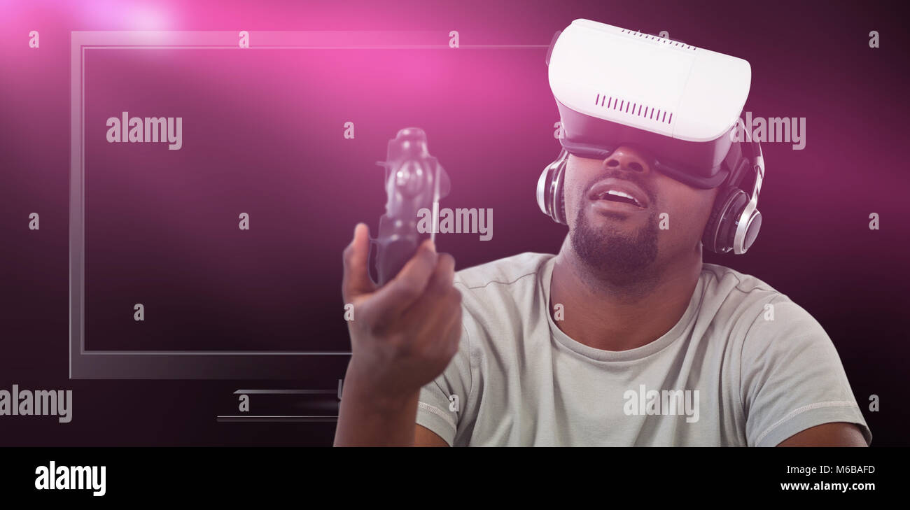 Image de l'homme composite à l'aide de casque de réalité virtuelle et jeux vidéos Banque D'Images