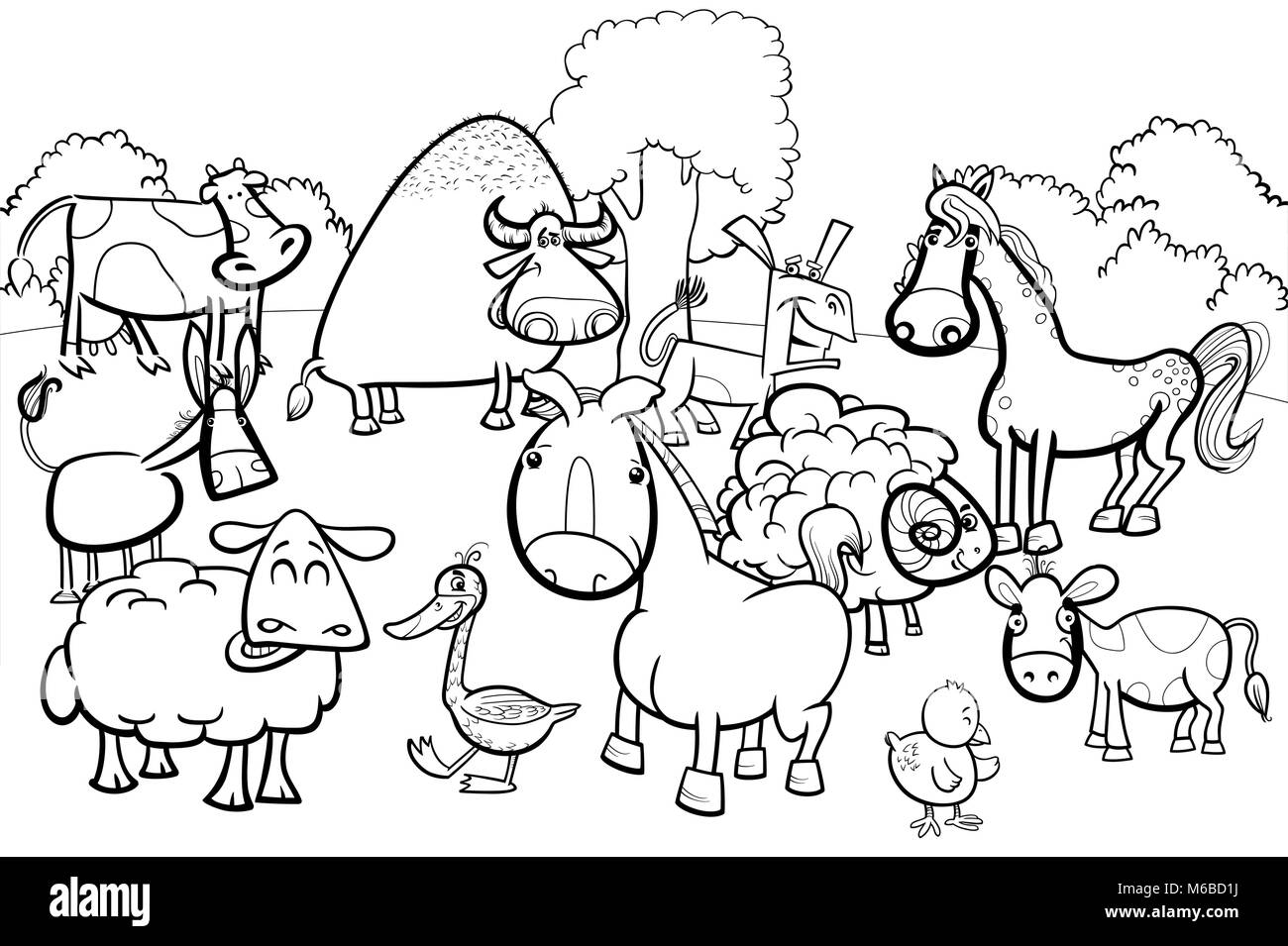 Illustration Cartoon noir et blanc de mignons petits animaux de ferme le Groupe Caractères Coloring Book Illustration de Vecteur