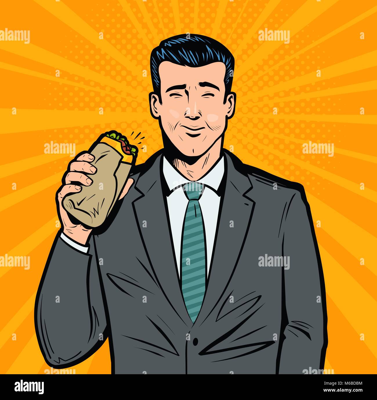 Businessman eating sandwich délicieux. Pause déjeuner, fast food concept. Pop art retro vector illustration Illustration de Vecteur