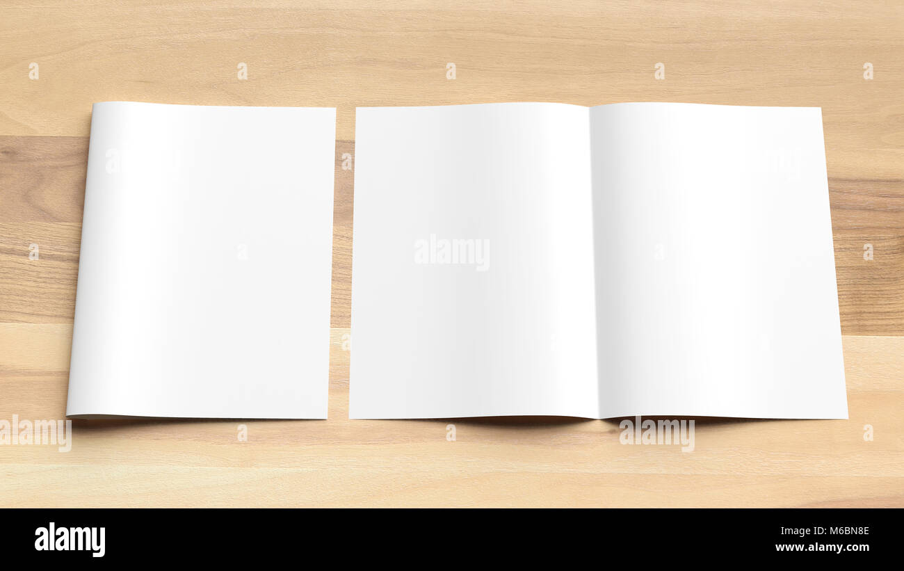 Bi pli A4 blanc taille brochure des maquettes sur fond de bois. Illustration 3D Banque D'Images