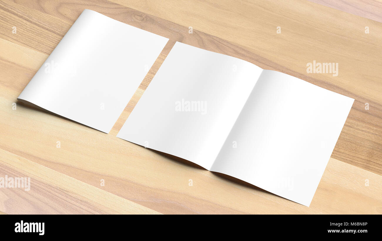 Bi pli A4 blanc taille brochure des maquettes sur fond de bois. Illustration 3D Banque D'Images