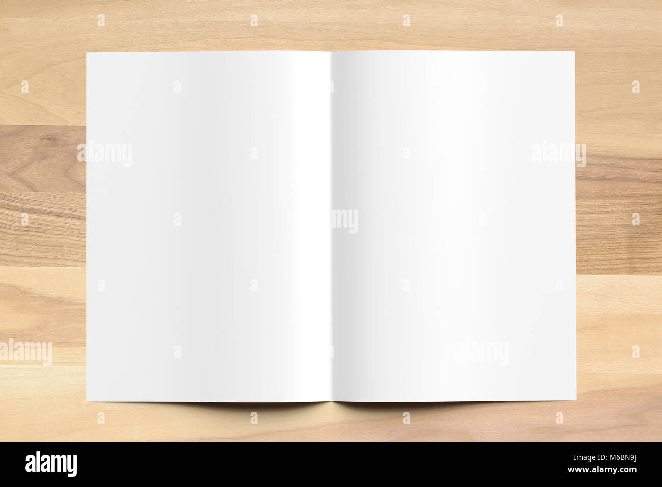 Bi pli A4 blanc taille brochure des maquettes sur fond de bois. Illustration 3D Banque D'Images