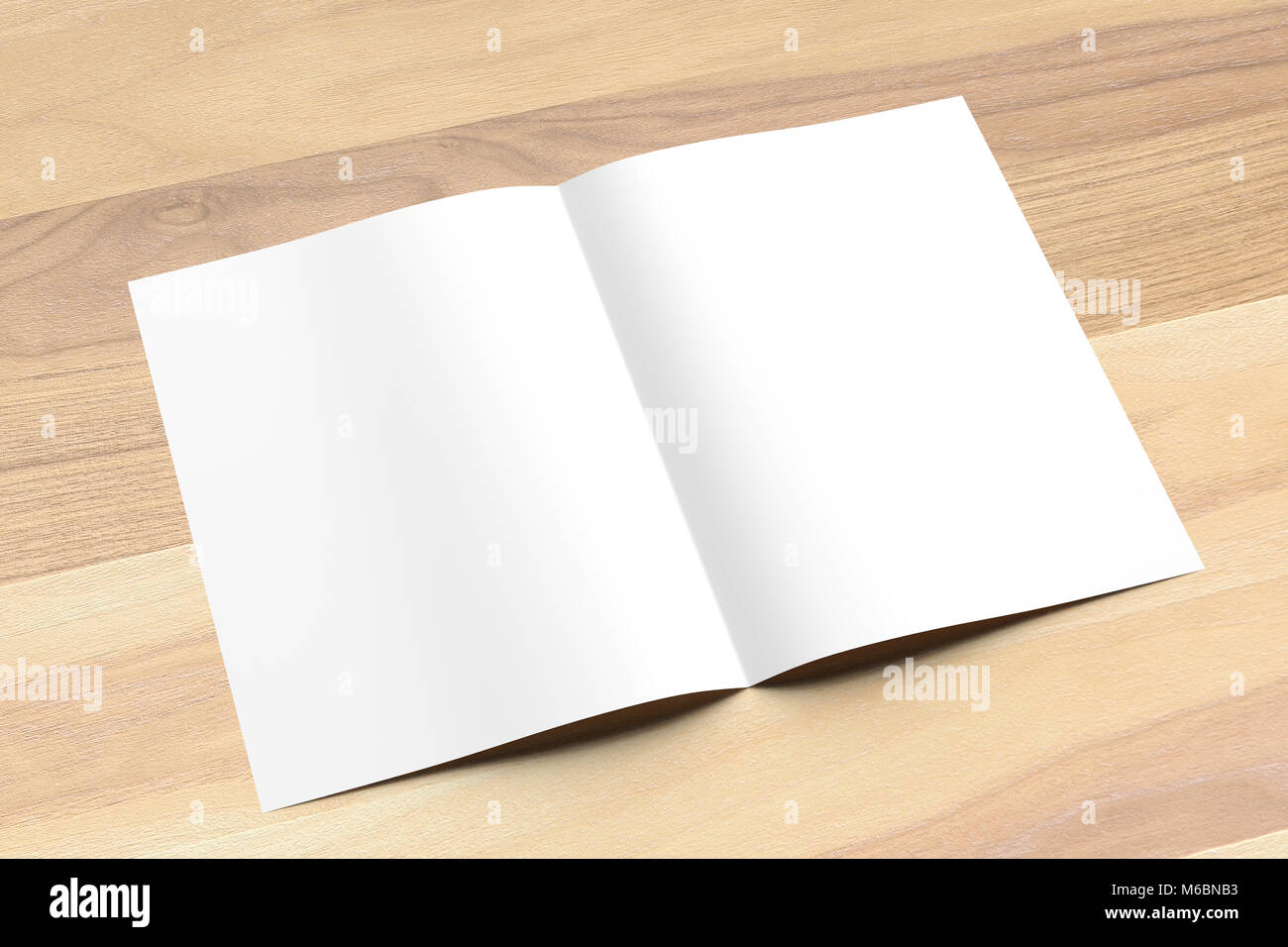 Bi pli A4 blanc taille brochure des maquettes sur fond de bois. Illustration 3D Banque D'Images