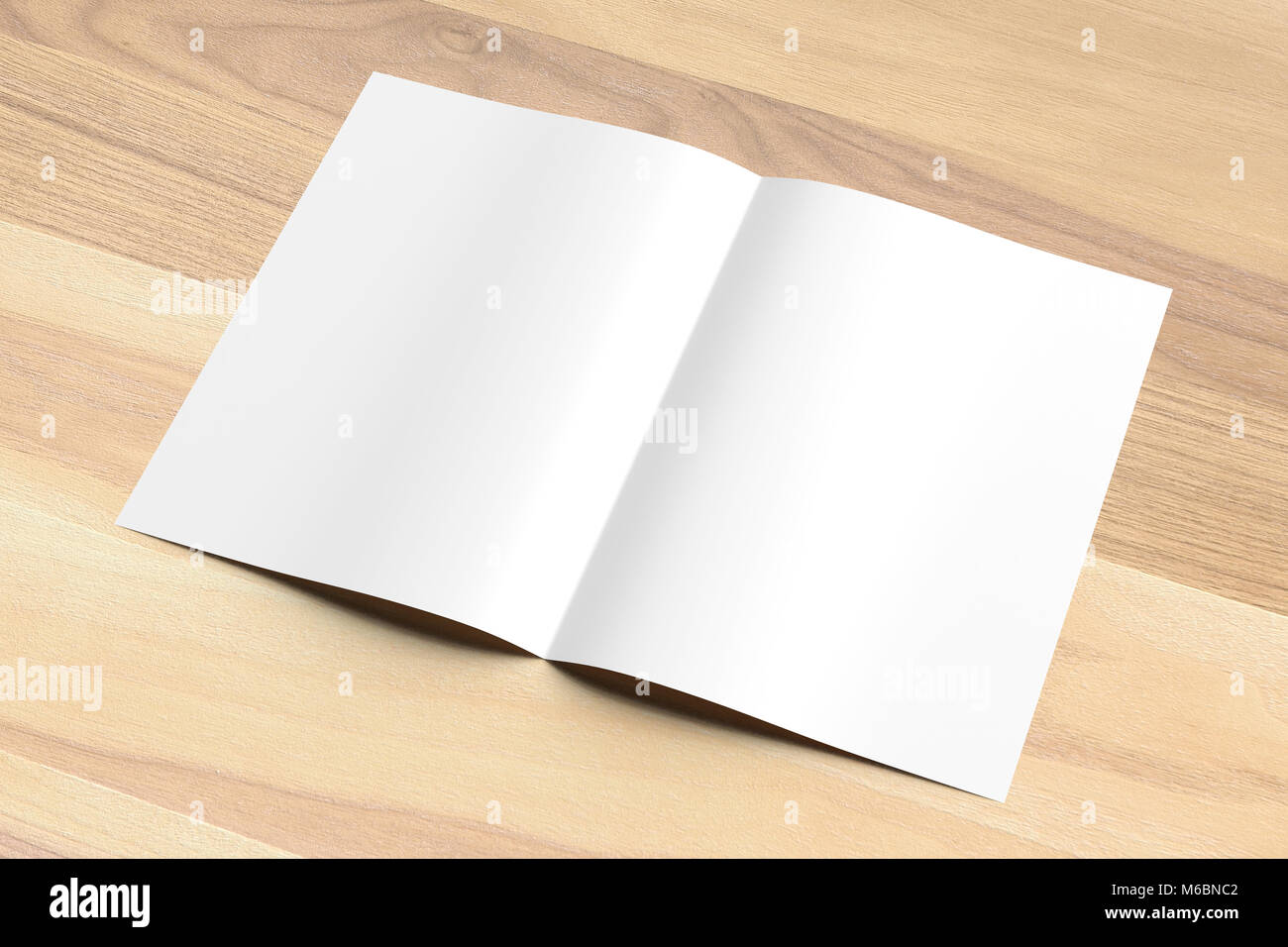 Bi pli A4 blanc taille brochure des maquettes sur fond de bois. Illustration 3D Banque D'Images