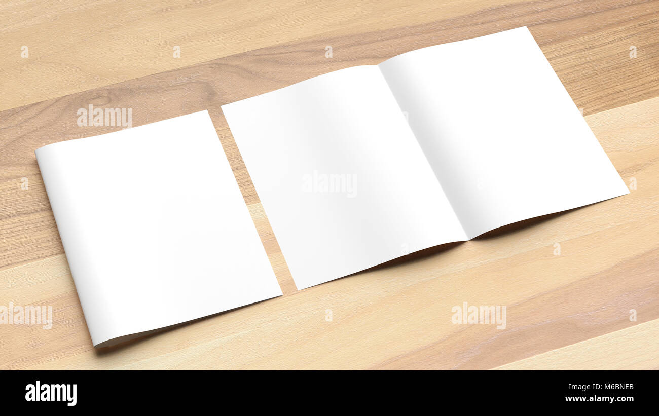Bi pli A4 blanc taille brochure des maquettes sur fond de bois. Illustration 3D Banque D'Images