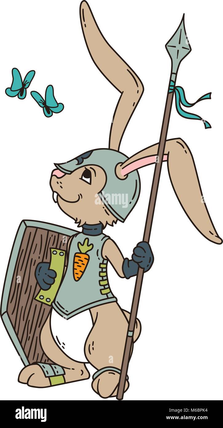 Bunny knight avec une lance et un bouclier. Vector illustration isolé sur fond blanc. Illustration de Vecteur