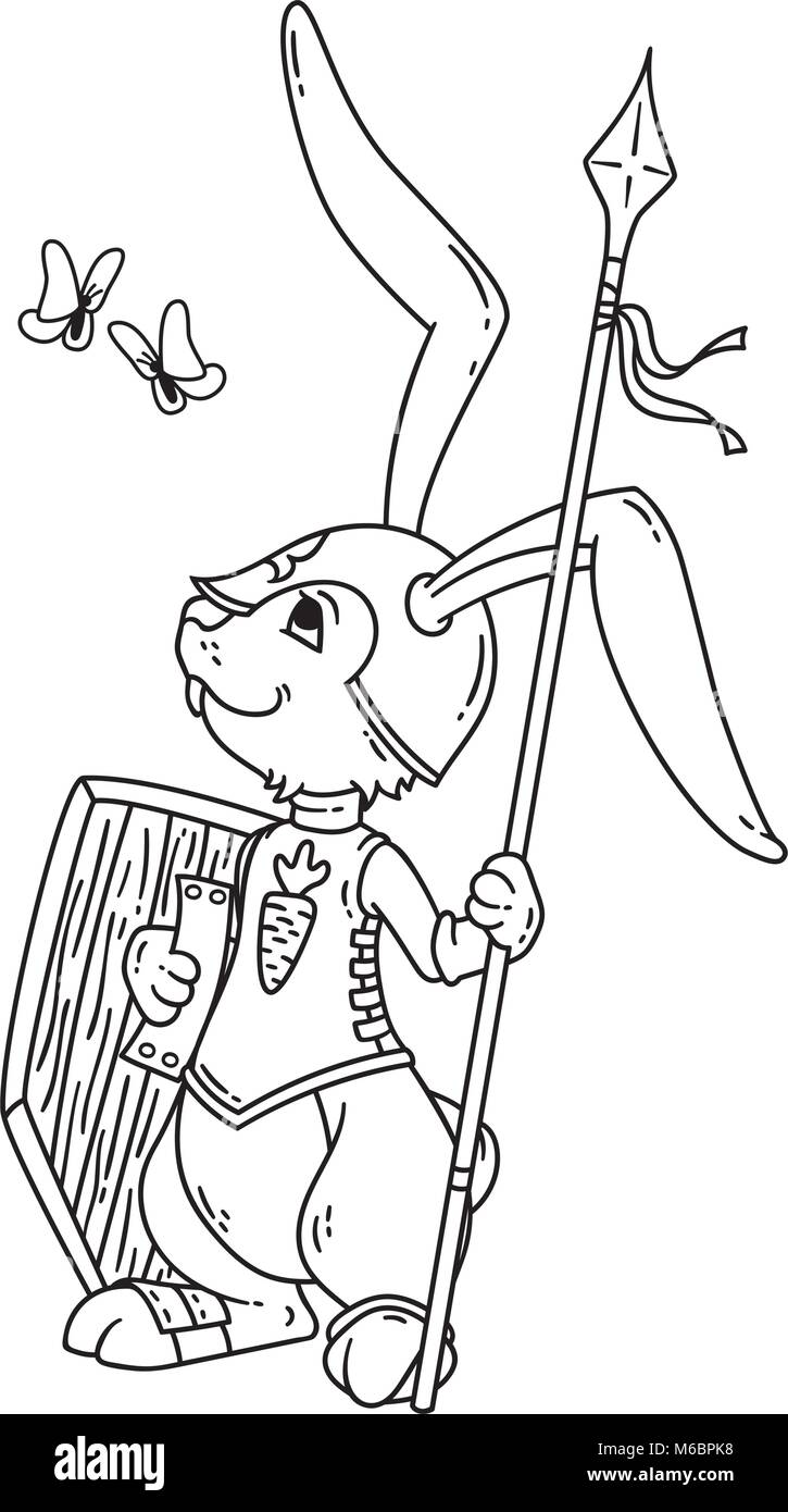 Bunny knight avec une lance et un bouclier. Vector illustration isolé sur fond blanc. La page de carte de vœux, livre de coloriage, imprimer. Vecto dessiné à la main Illustration de Vecteur