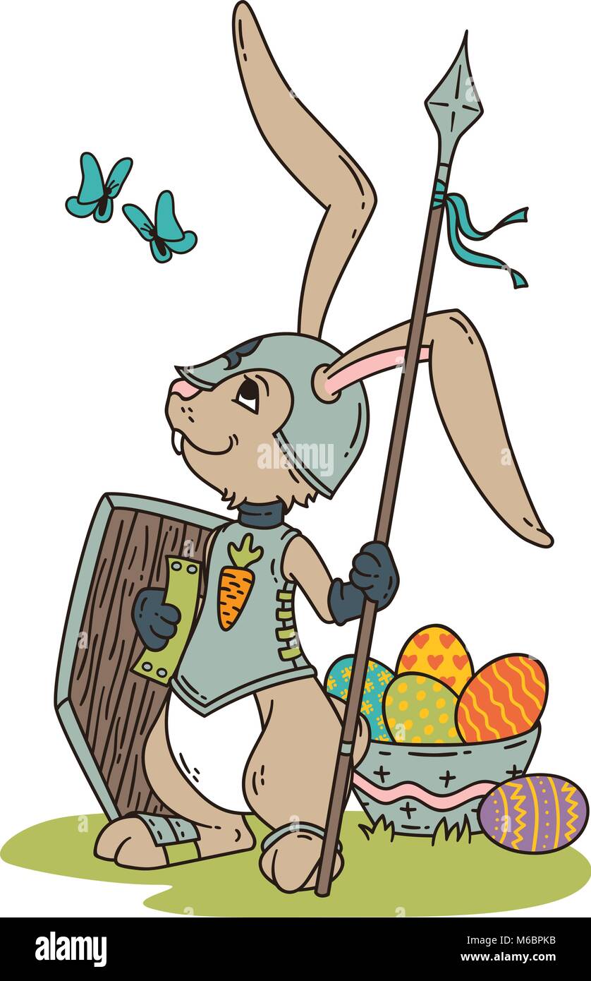 Bunny knight avec une lance et un bouclier. Vector illustration isolé sur fond blanc. Illustration de Vecteur