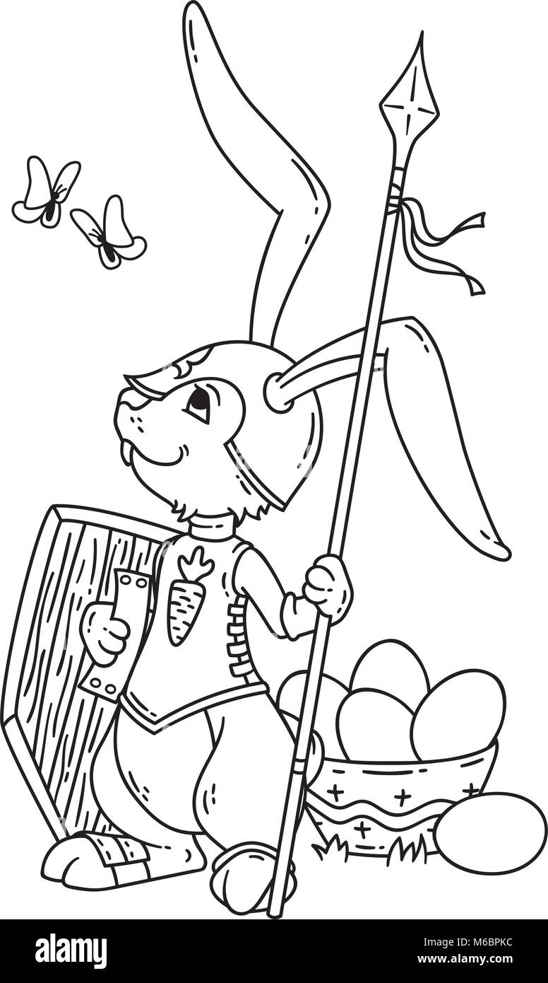 Bunny knight avec une lance et un bouclier. Vector illustration isolé sur fond blanc. La page de carte de vœux, livre de coloriage, imprimer. Vecto dessiné à la main Illustration de Vecteur