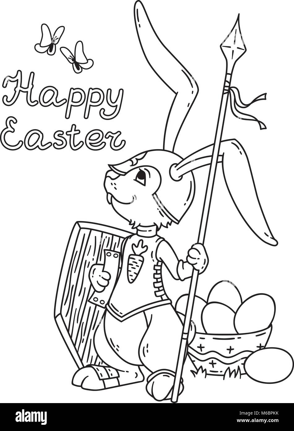 Bunny knight avec une lance et un bouclier. Vector illustration isolé sur fond blanc. La page de carte de vœux, livre de coloriage, t-shirt, poster. La main-d Illustration de Vecteur
