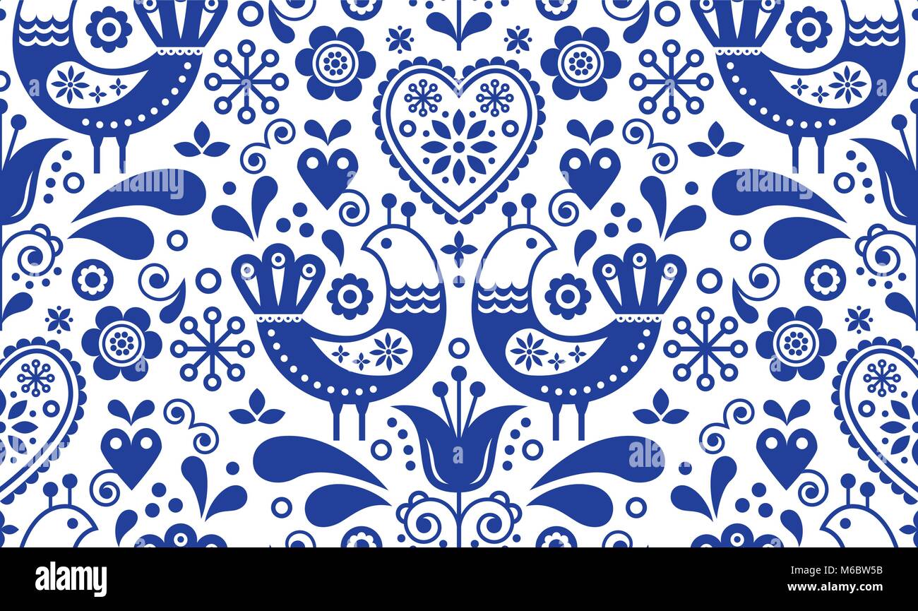 Seamless pattern art populaire scandinave avec des oiseaux et des fleurs, Nordic floral design, rétro arrière Illustration de Vecteur