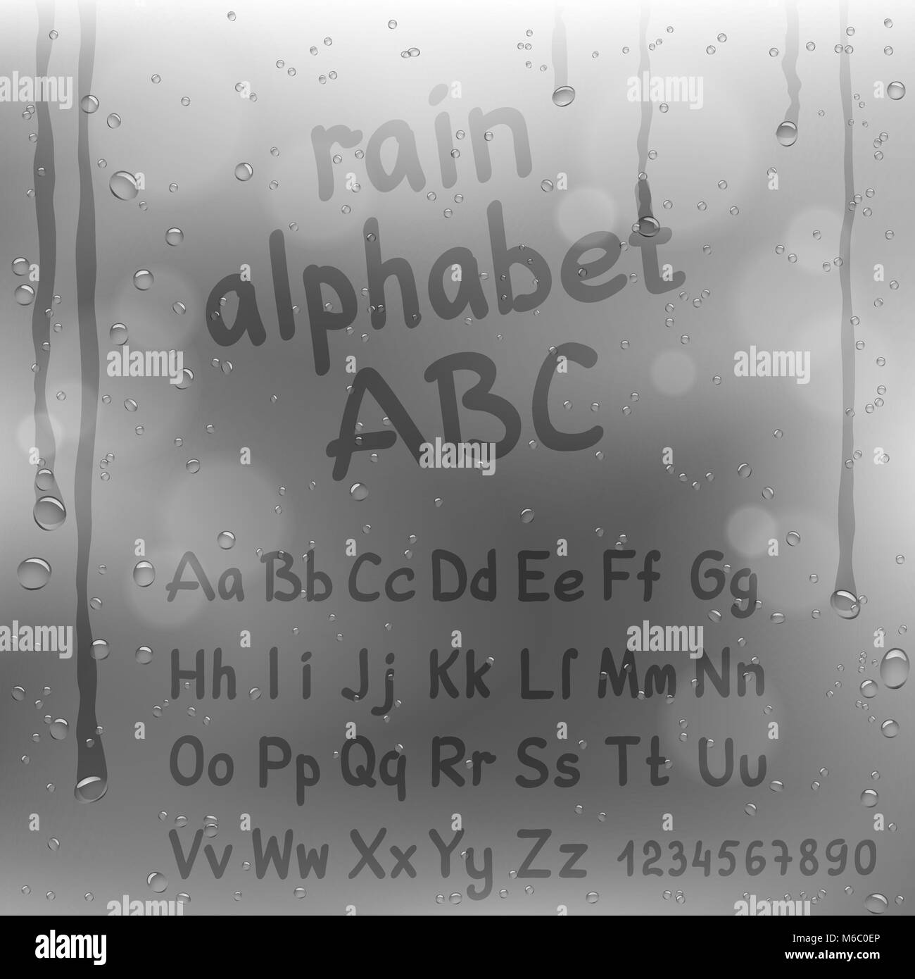 Fabricants attirer alphabet sur fond gris de pluie. La main de l'eau sur la surface de verre modèle police Illustration de Vecteur