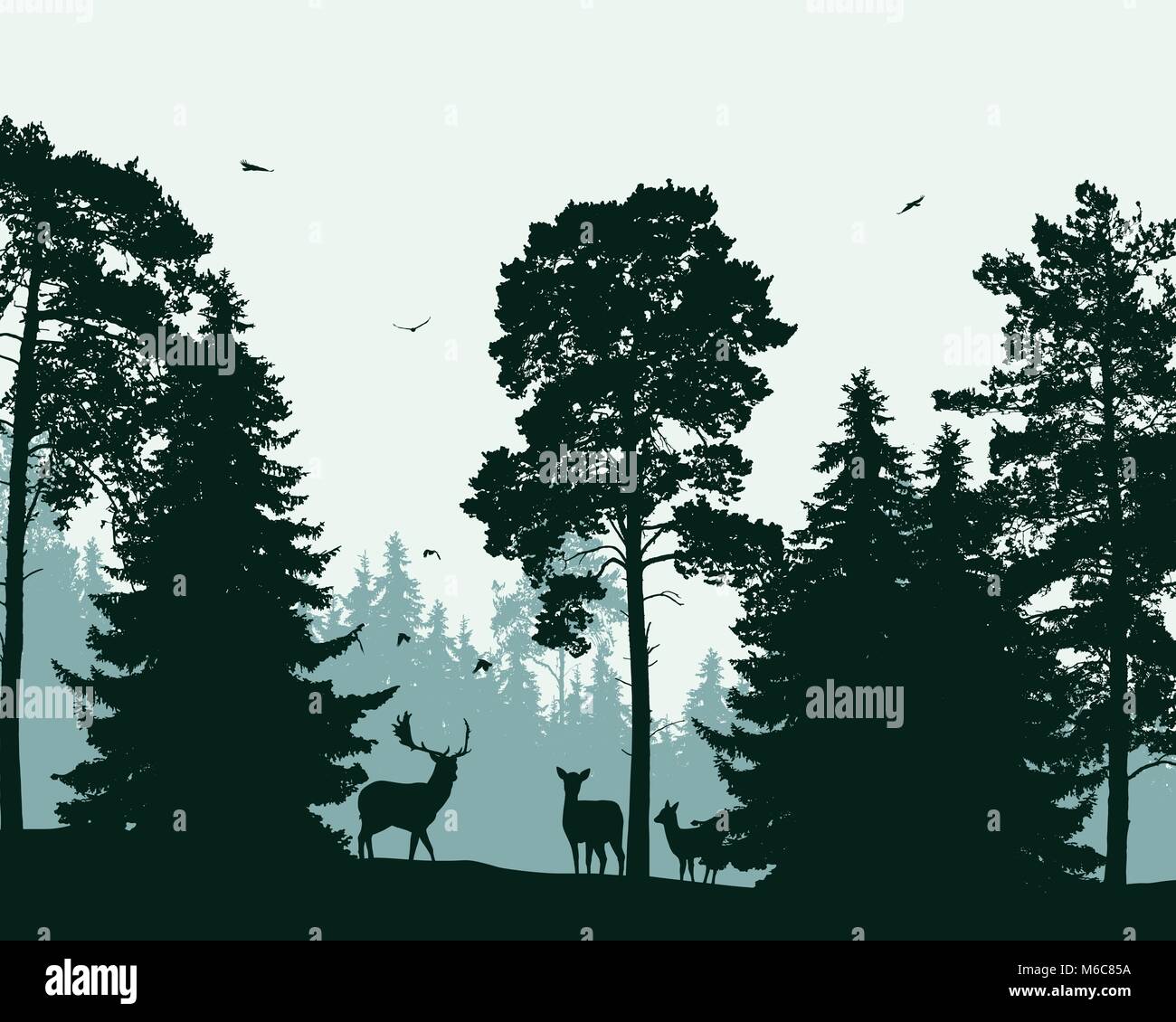 Paysage avec vert de la forêt, les cerfs et les oiseaux en plein vol - vector Illustration de Vecteur
