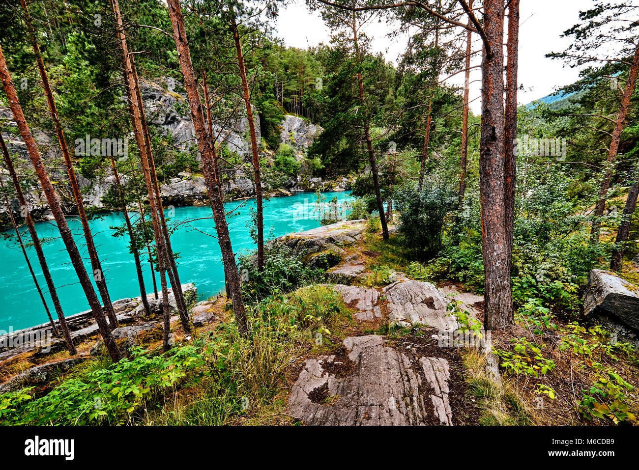 Une nature magnifique terrain avec rivière, des pierres et des pâturages dans une vallée entourée de montagnes enneigées. Maisons colorées sont debout sur l'herbe verte. Loc Banque D'Images