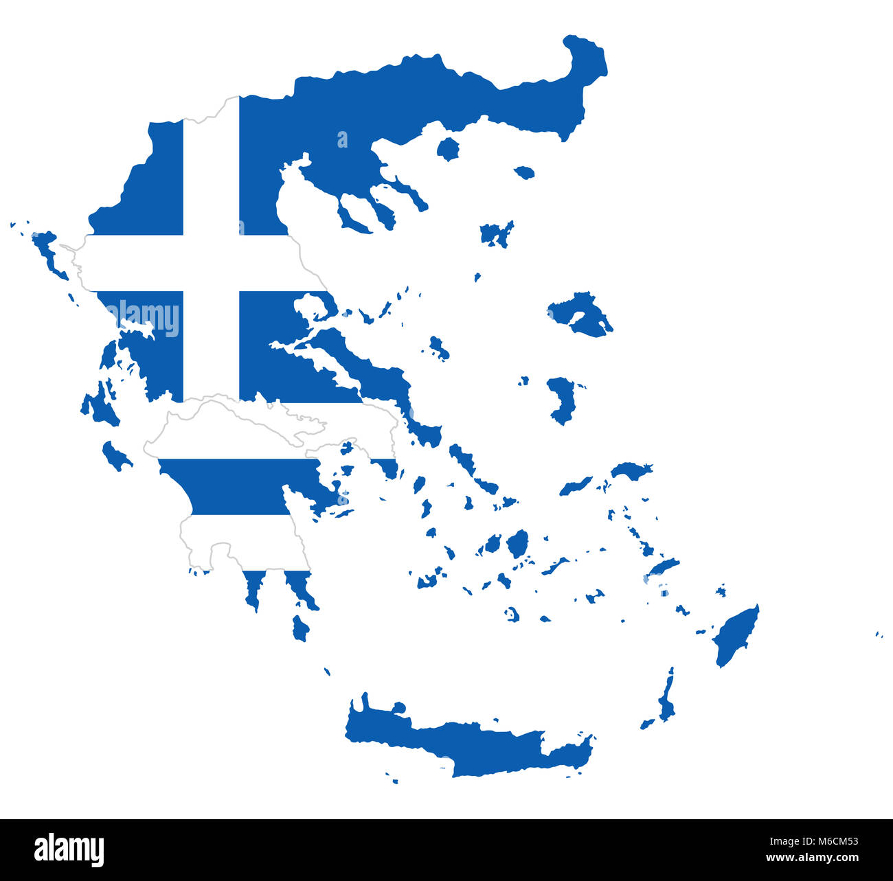 Drapeau dans le contour de la Grèce. Drapeau de la République hellénique en bleu et blanc avec une croix blanche. Bannière avec la forme d'Hellas. Isolées. Banque D'Images