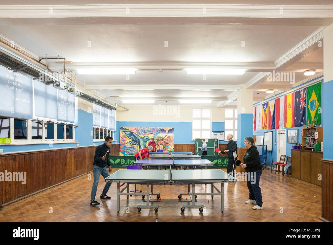 Les joueurs à jouer au tennis de table à une Brighton et Hove club de tennis de table à l'intérieur d'une salle de sport Banque D'Images